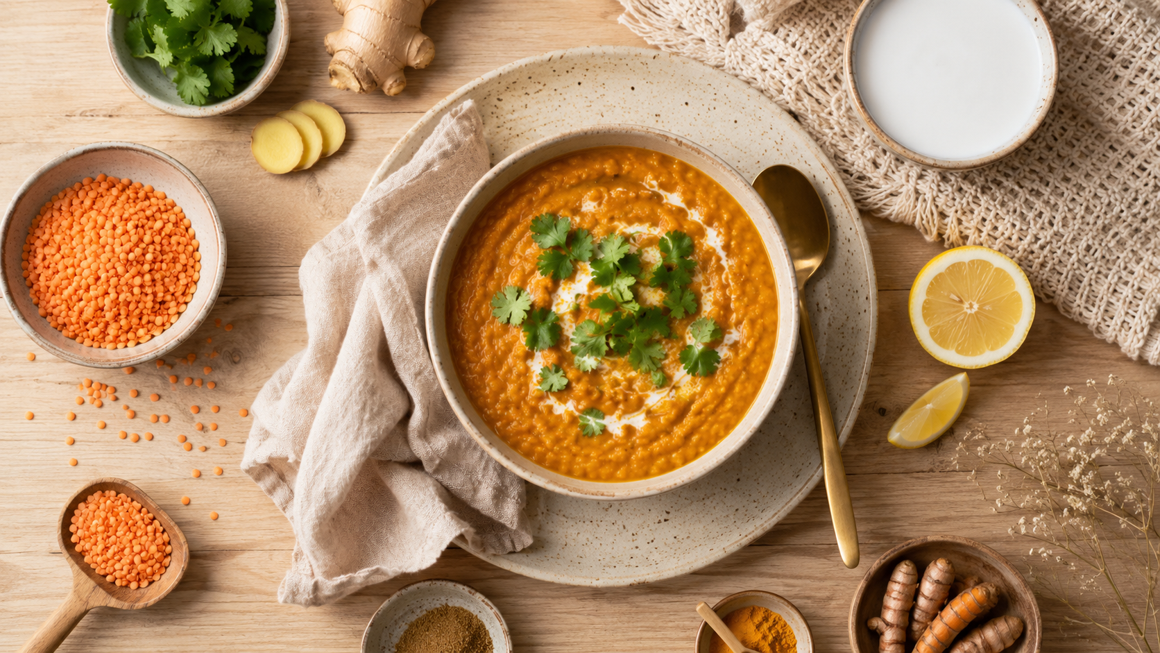 Assiette de plat post-partum réconfortant : soupe de lentilles et ingrédients pour récupérer après l'accouchement